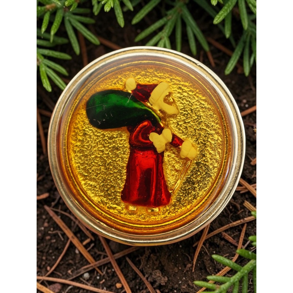 Vintage Enamel Santa Brooch Pendant 1.25" Circle Gold Tone Christmas